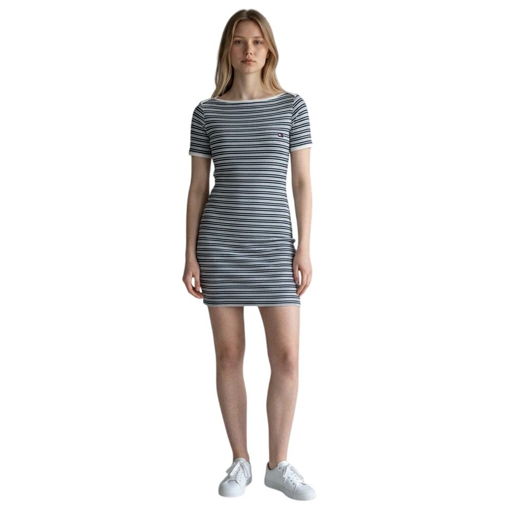 Old Money Tommy Hilfiger Ribbed Stripe Boat Neck Mini Dress Nautical Y2K M -